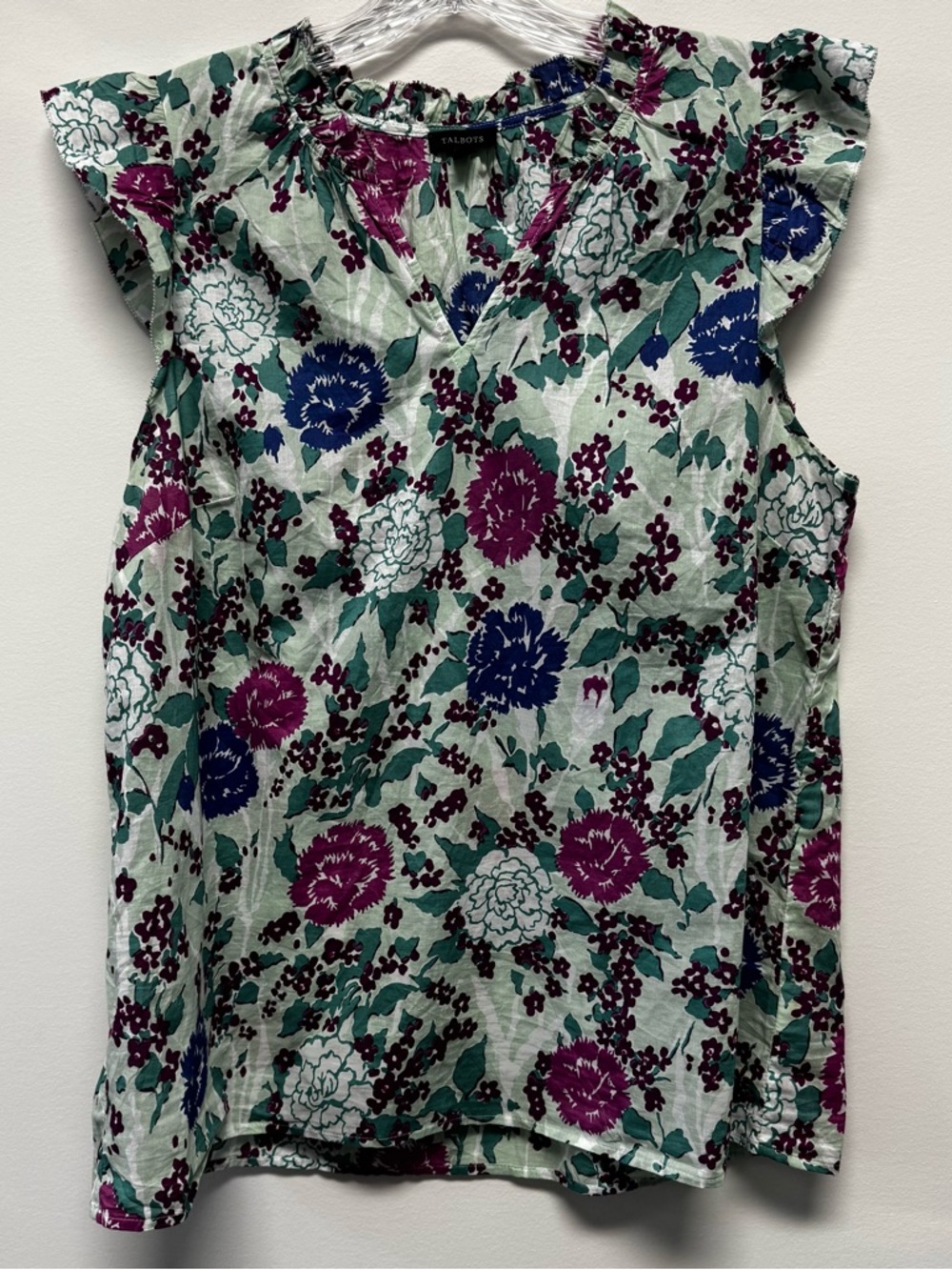 Talbots Ruffle Trim Shell Carnation Vines‎  Floral Blouse Sz L Green Pink Blue